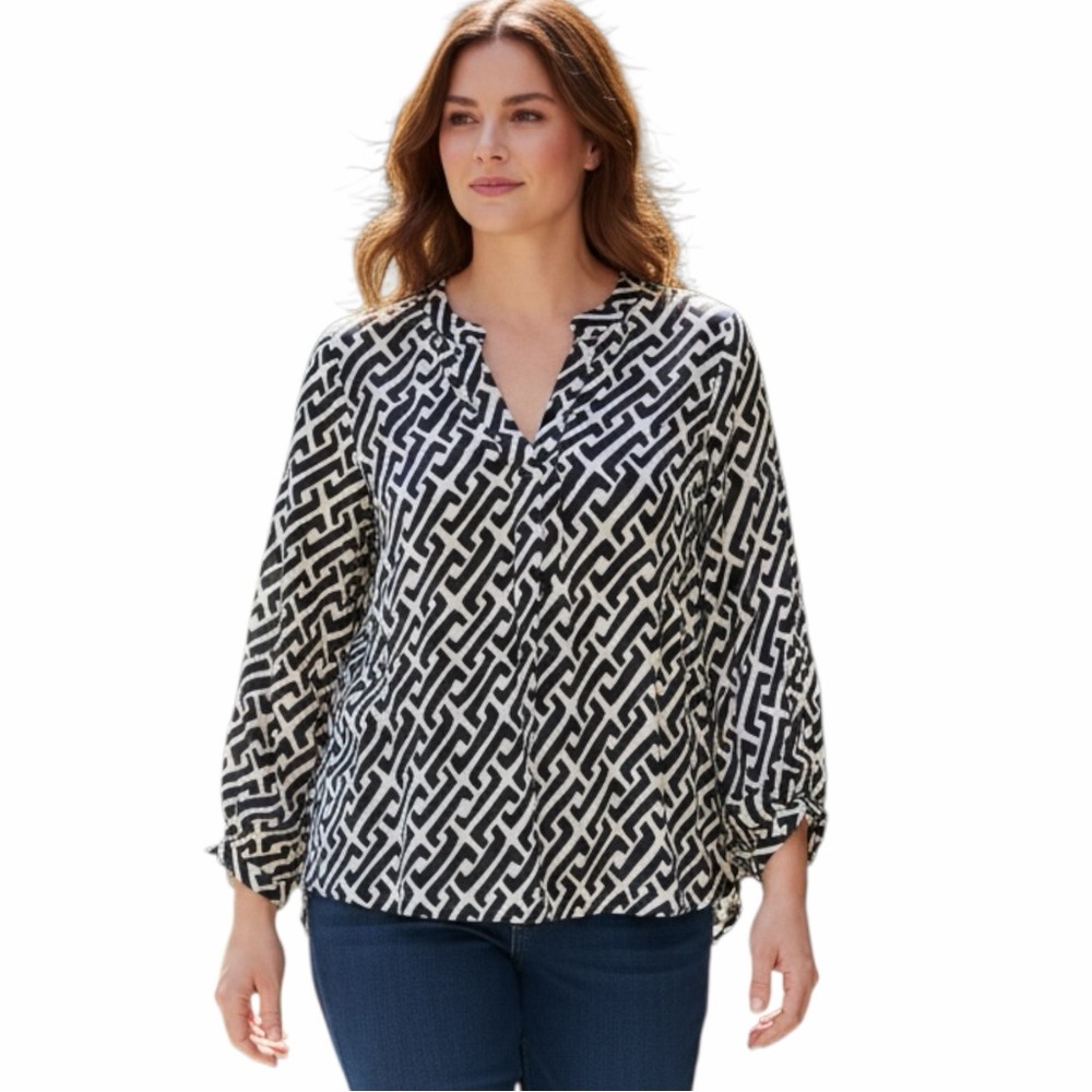 INC International Concepts Black White Geo Print Hi-Low Blouse Top Sz 12
